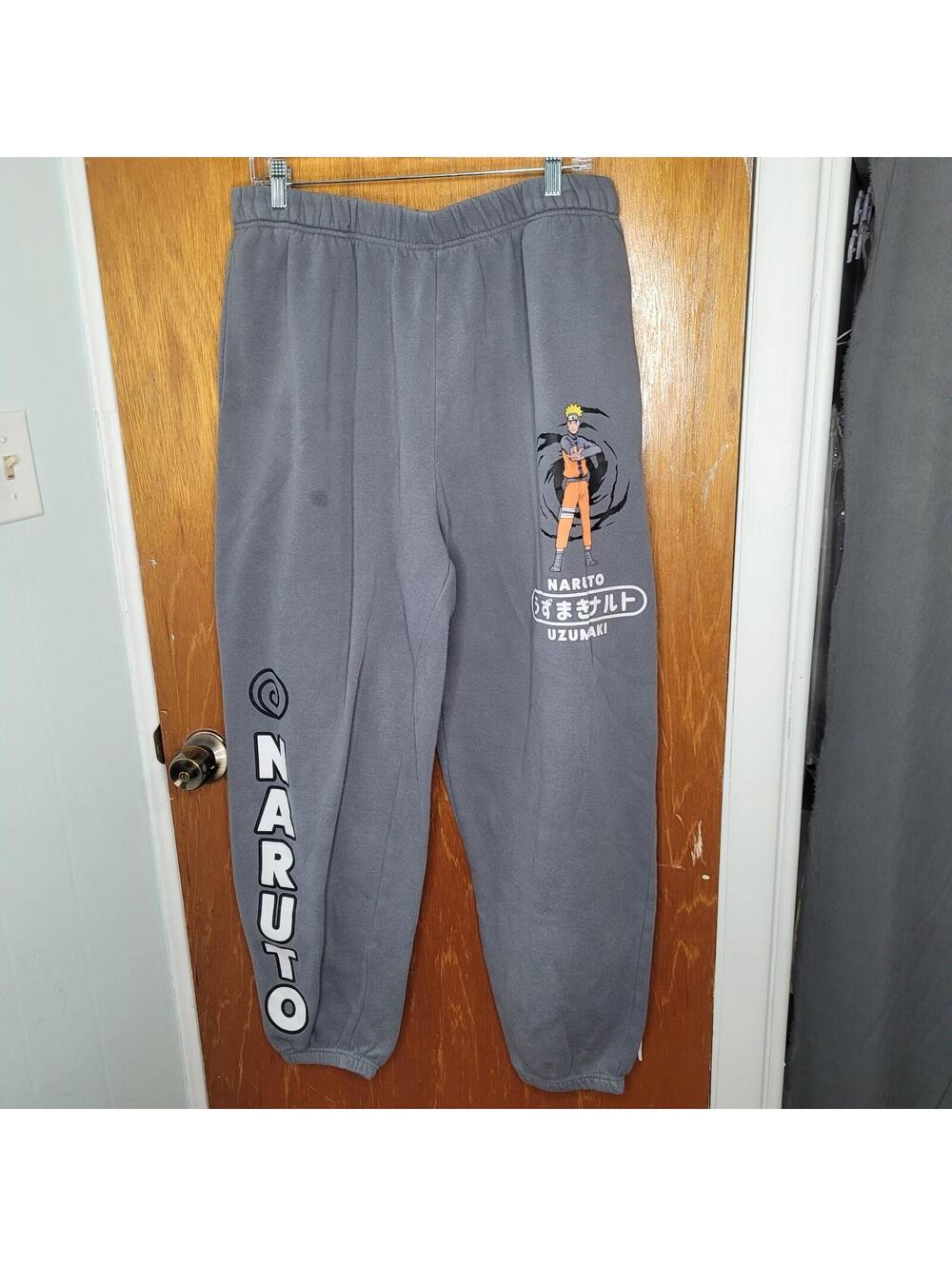 Naruto Sweatpants Mens Size XL Gray Anime Uzumaki Fleece Joggers With Pockets